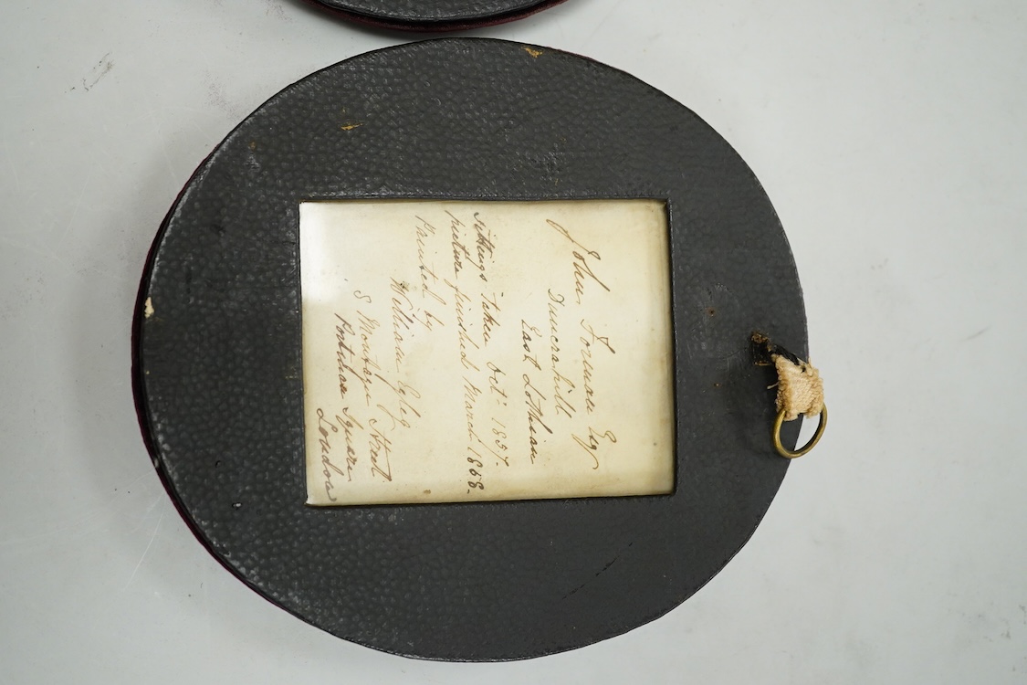 William Egley (1798-1870), Pair of portrait miniatures of a husband and wife, Mr. & Mrs. John Forman, Duncrahill, East Lothian, sittings taken October 1857, picture finished 1868, each with ink inscriptions verso, oval w